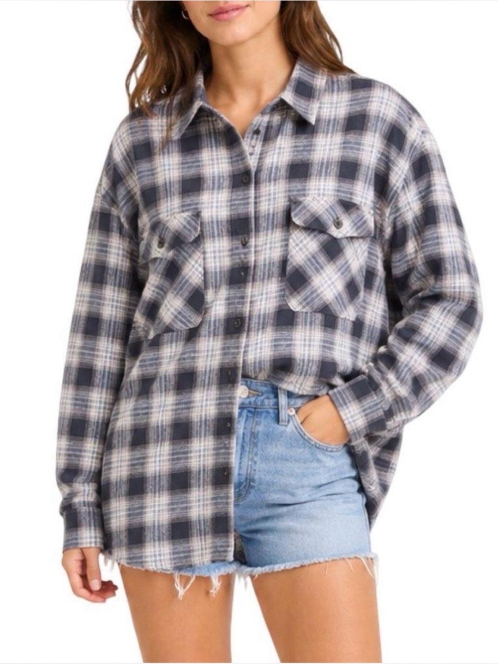 100% Cotton Lightweight Boyfriend Flannel Button-Up Shirt - Dusty Blue & White